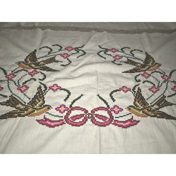 Vintage Hand-Stitched Embroidered Cross-Stitch Fabric Panels Swallows Floral - Picture 3 of 12